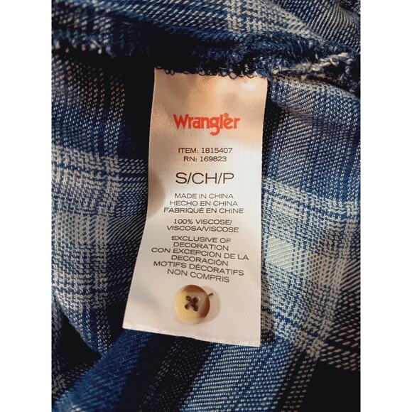 WRANGLER Boho Peasant Top Blouse Flowy Small Plaid Yoke Crochet Blue Casual - Picture 6 of 8